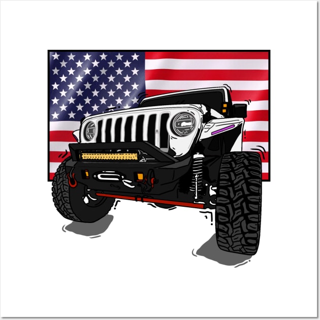 Jeep with American Flag - White Essential Wall Art by 4x4 Sketch